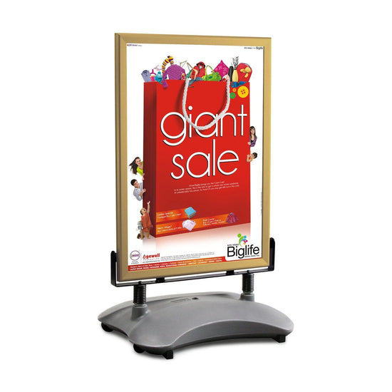 Gold sidewalk sign with sand/water-filled base for poster size 22X28 - 1.7 inch profile - Snap Frames Direct
